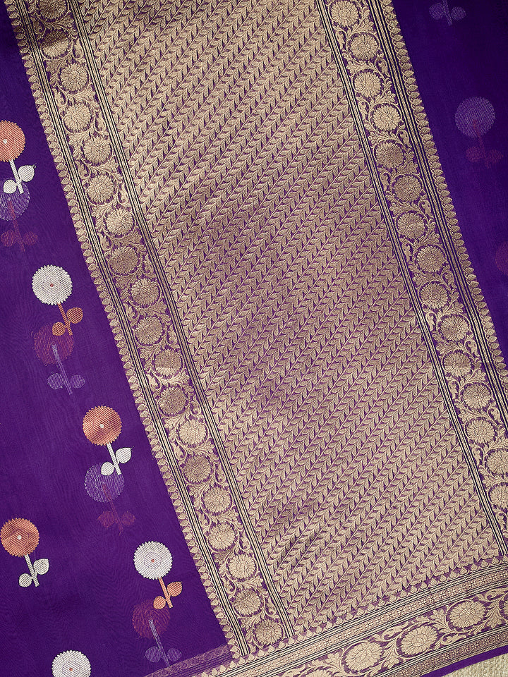 Purple Organza Silk Silver And Copper Zari Butis Banarasi Saree