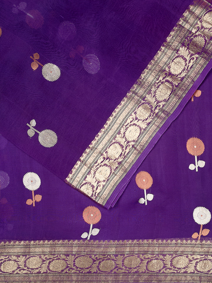 Purple Organza Silk Silver And Copper Zari Butis Banarasi Saree