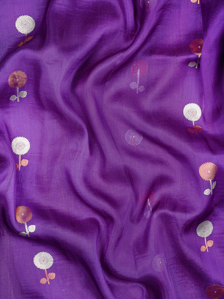Purple Organza Silk Silver And Copper Zari Butis Banarasi Saree