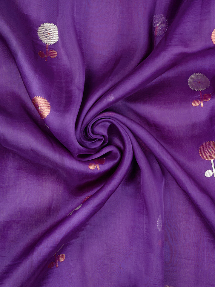 Purple Organza Silk Silver And Copper Zari Butis Banarasi Saree