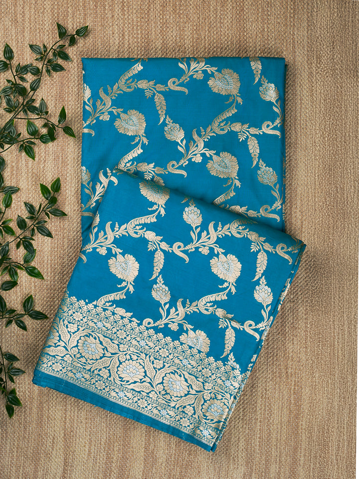 Turquoise Blue Semi Katan Banarasi Saree