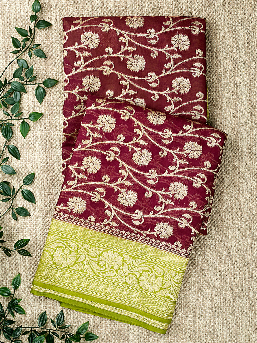 Wine Georgette Gold Jari Jaal Banarasi Saree_1