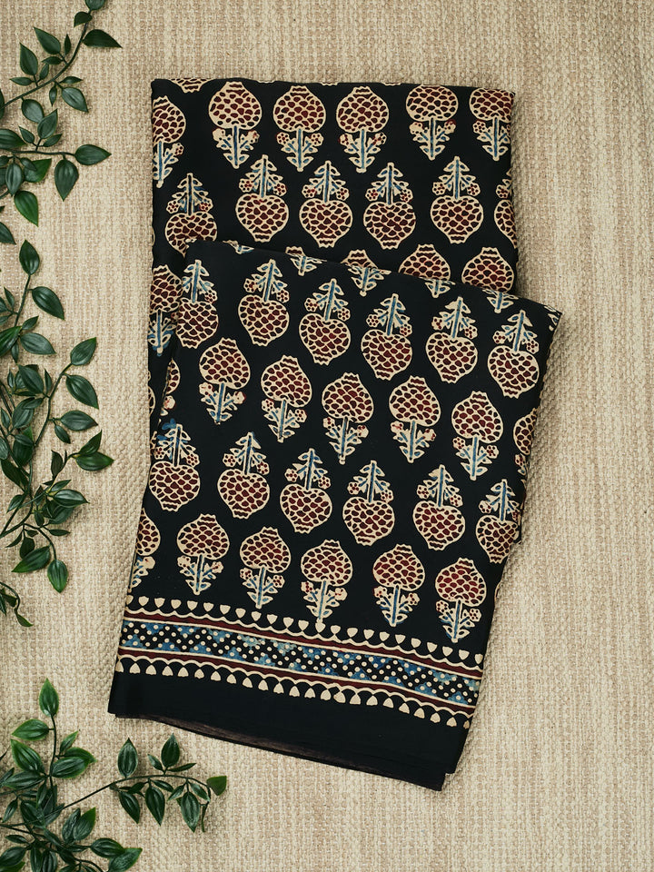 Black Modal Silk Ajrak Printed Banarasi Saree