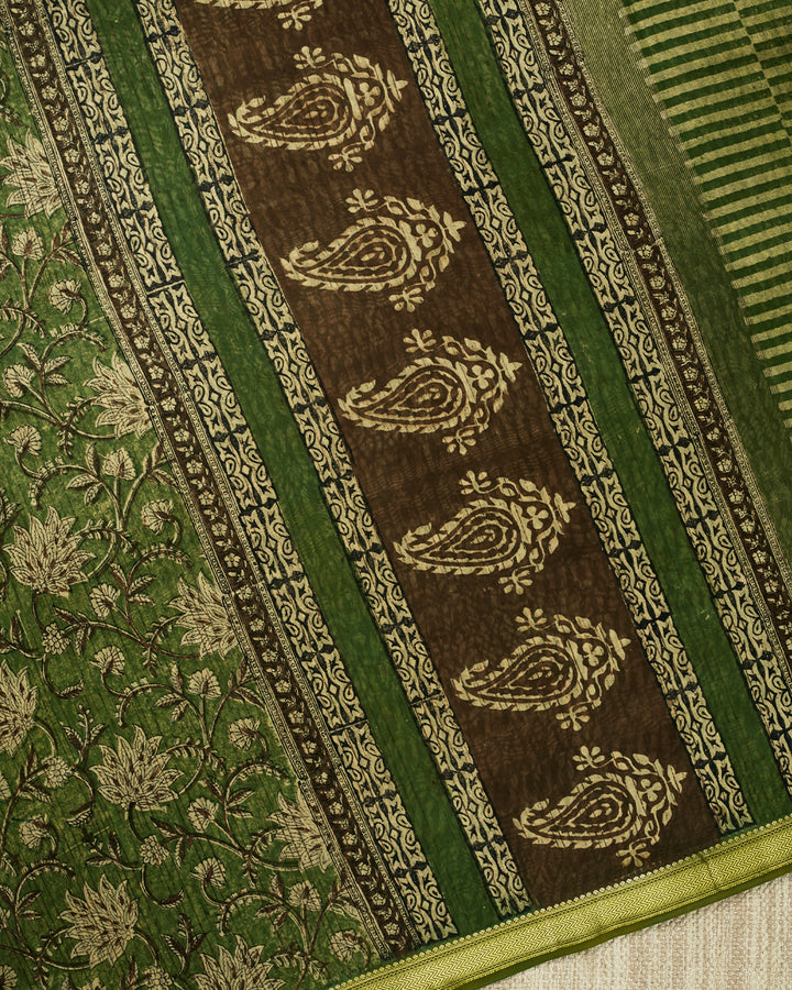 Green Maheshwari Block Print Banarasi Saree