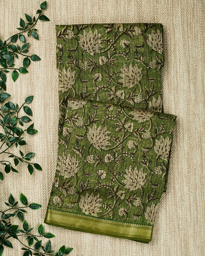 Green Maheshwari Block Print Banarasi Saree