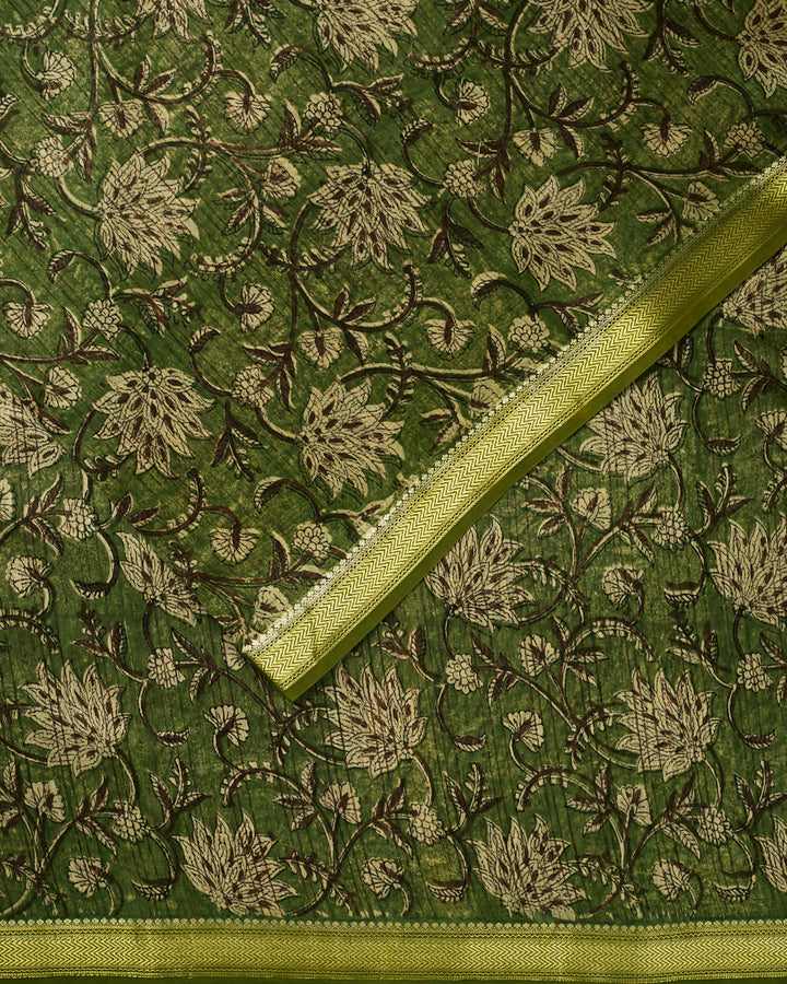 Green Maheshwari Block Print Banarasi Saree
