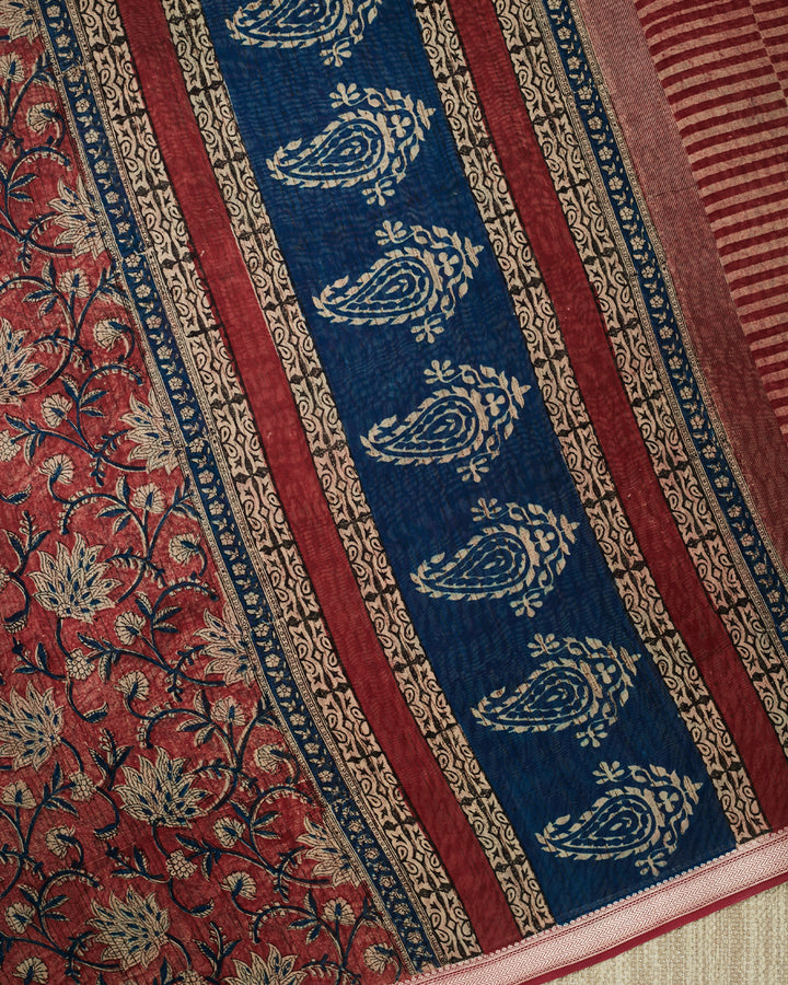 Rust Maheshwari Block Print Banarasi Saree