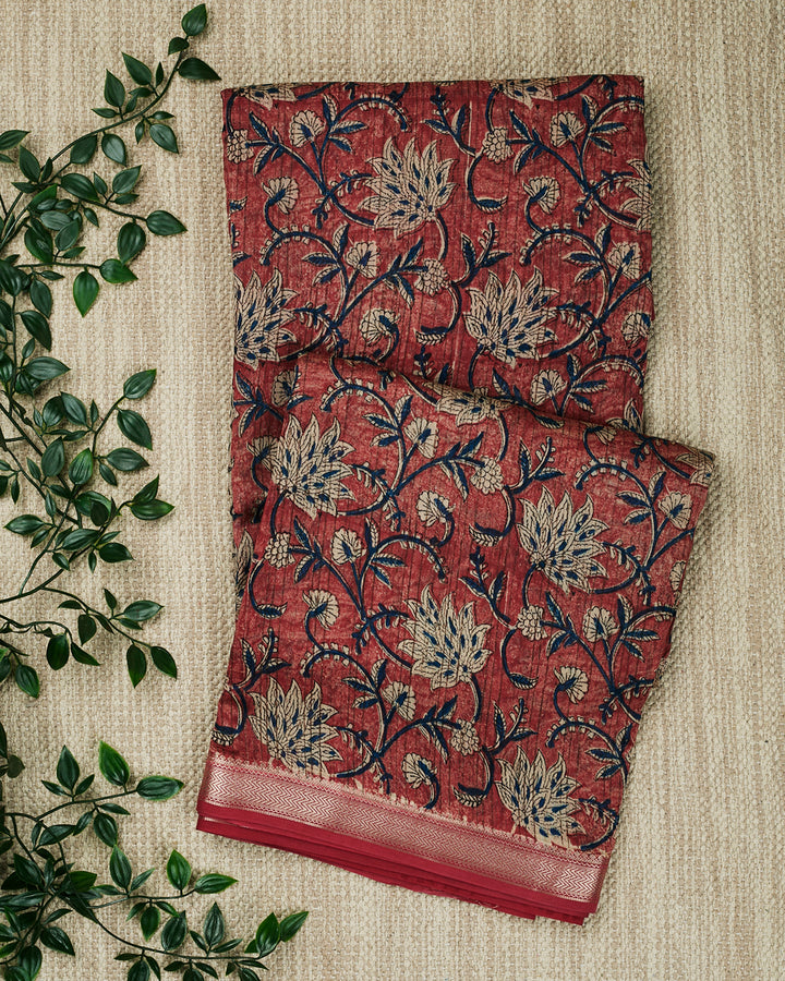 Rust Maheshwari Block Print Banarasi Saree