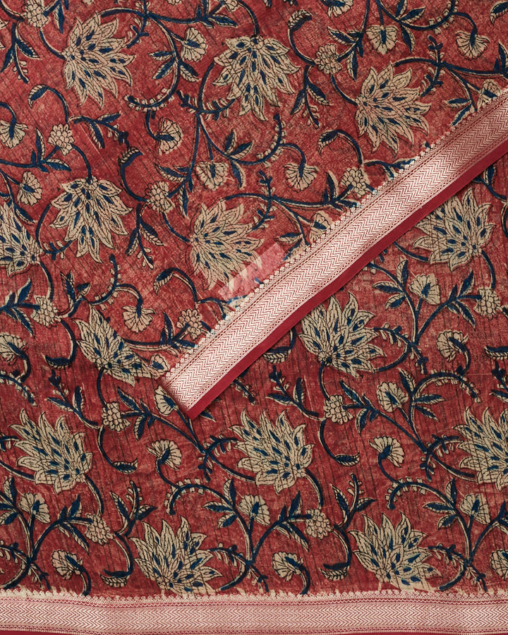 Rust Maheshwari Block Print Banarasi Saree