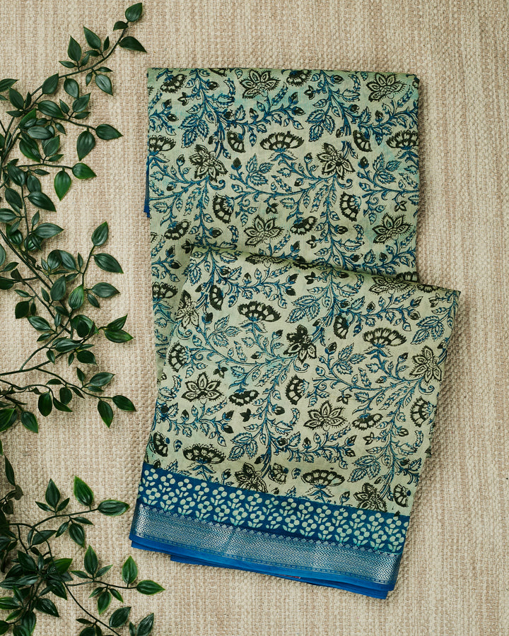 Blue Maheshwari Block Print Banarasi Saree
