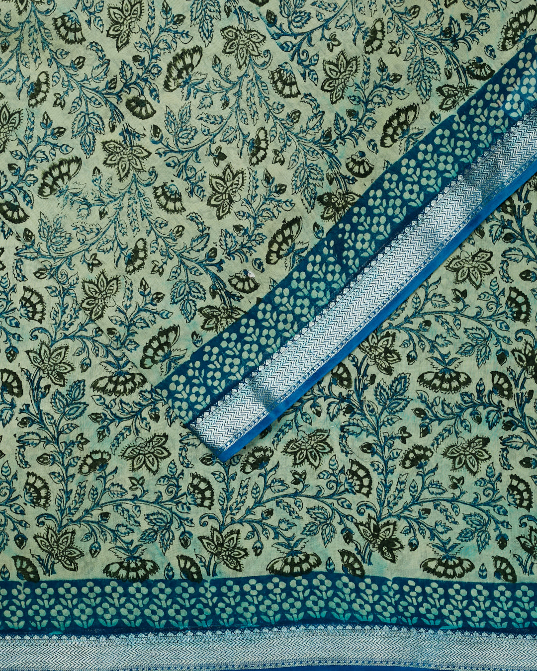 Blue Maheshwari Block Print Banarasi Saree_2