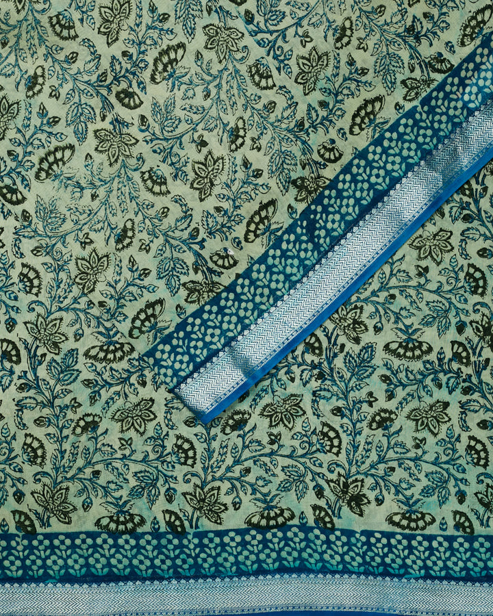 Blue Maheshwari Block Print Banarasi Saree