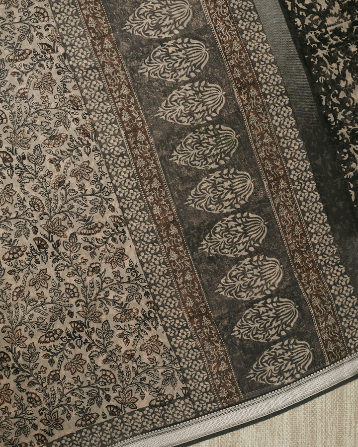 Grey Maheshwari Block Print Banarasi Saree