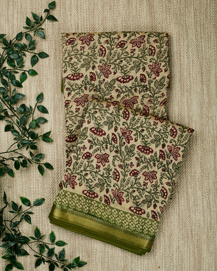 Green Maheshwari Block Print  Banarasi Saree