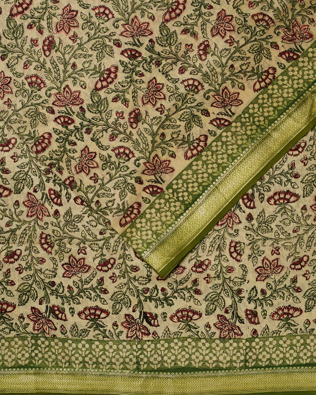 Green Maheshwari Block Print  Banarasi Saree_2