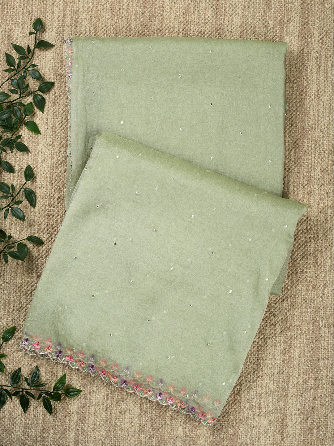 Green Semi Tissue Plain Banarasi Saree_1