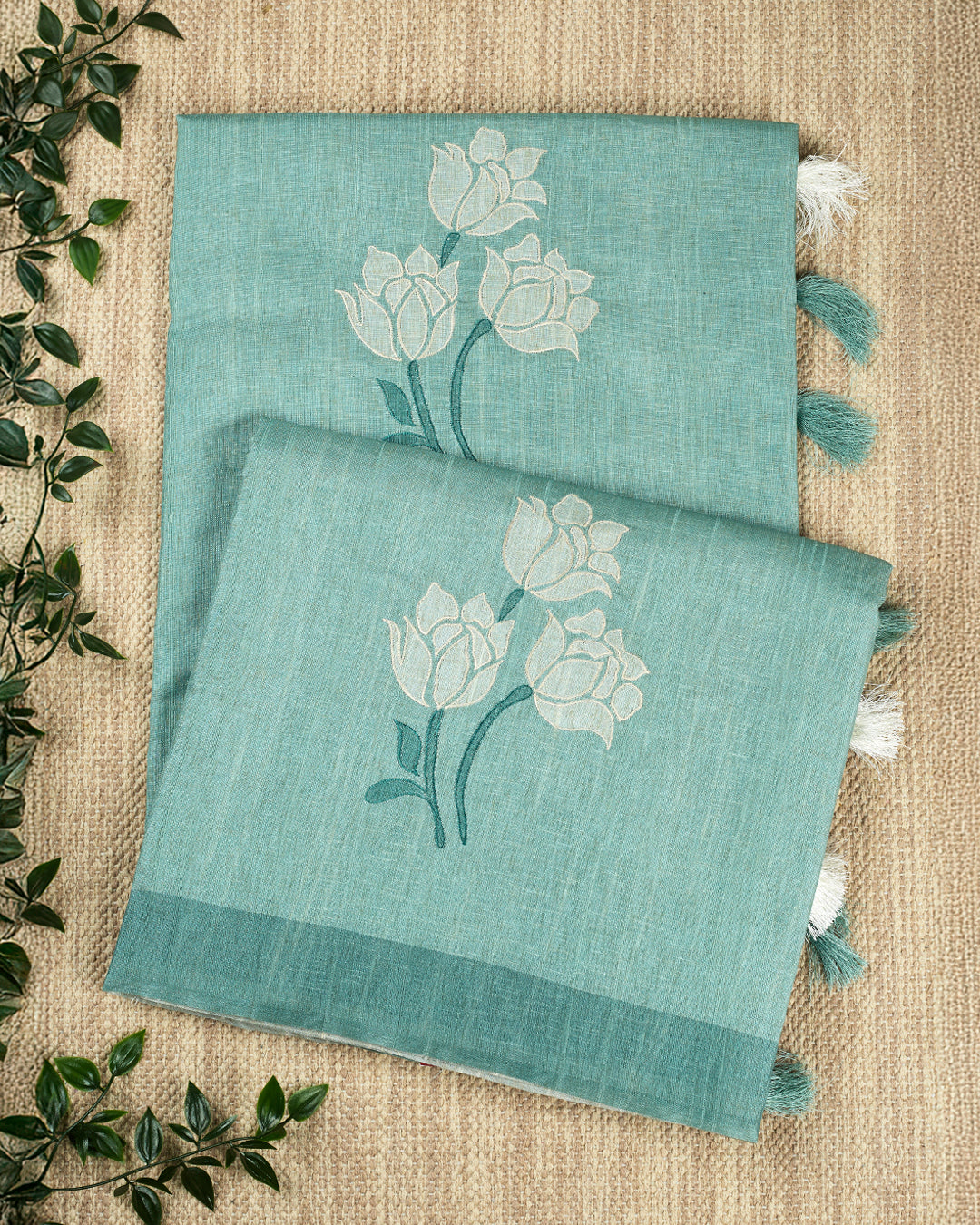 Firozi Linen Plain Banarasi Saree_1