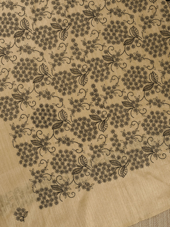 Beige Linen Plain Banarasi Saree