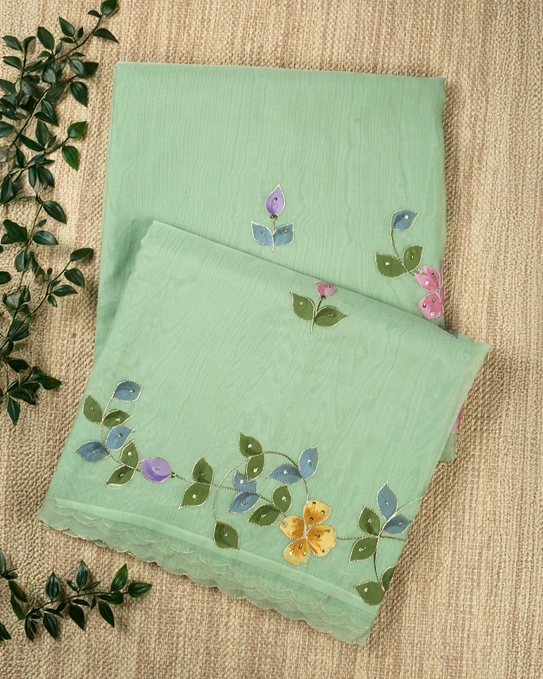 Green Organza Plain Banarasi Saree_1