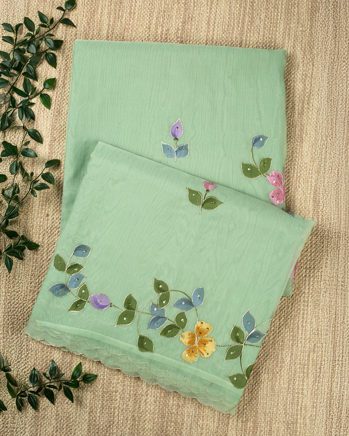 Green Organza Plain Banarasi Saree