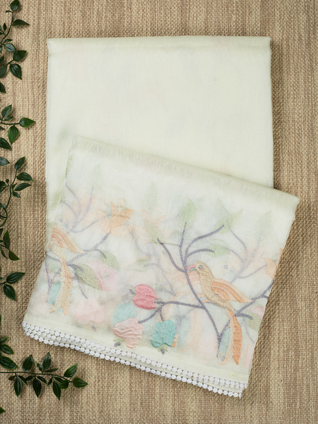 Cream Semi Tissue Plain Banarasi Saree_1