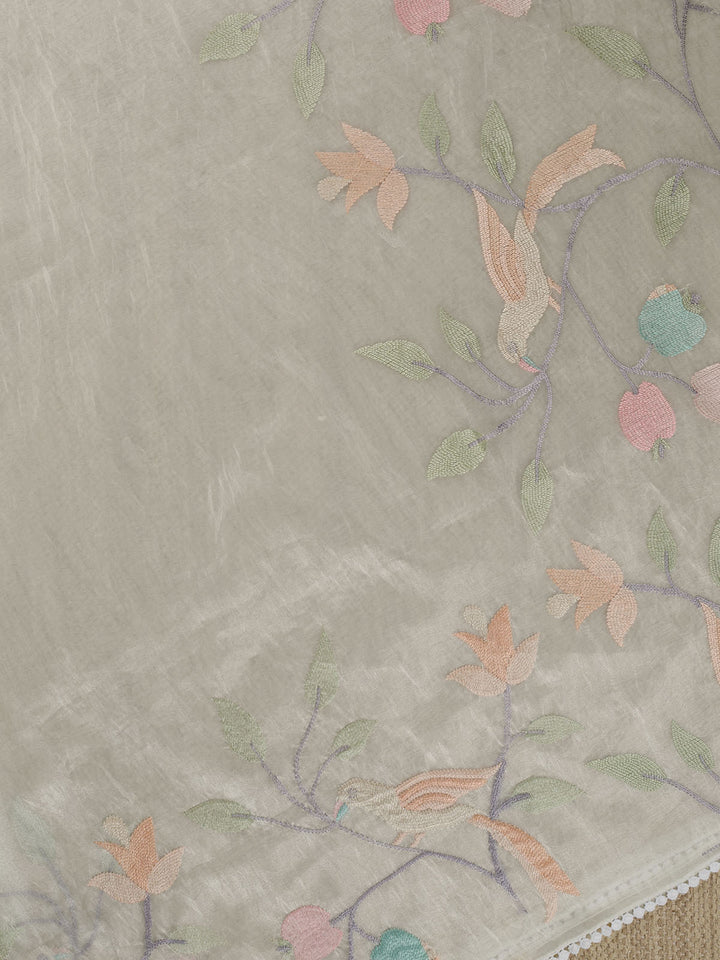 Cream Semi Tissue Plain Banarasi Saree