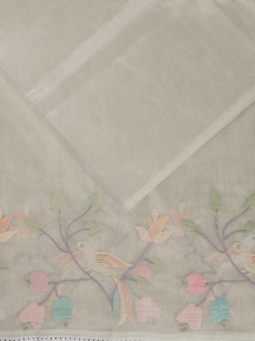 Cream Semi Tissue Plain Banarasi Saree_2