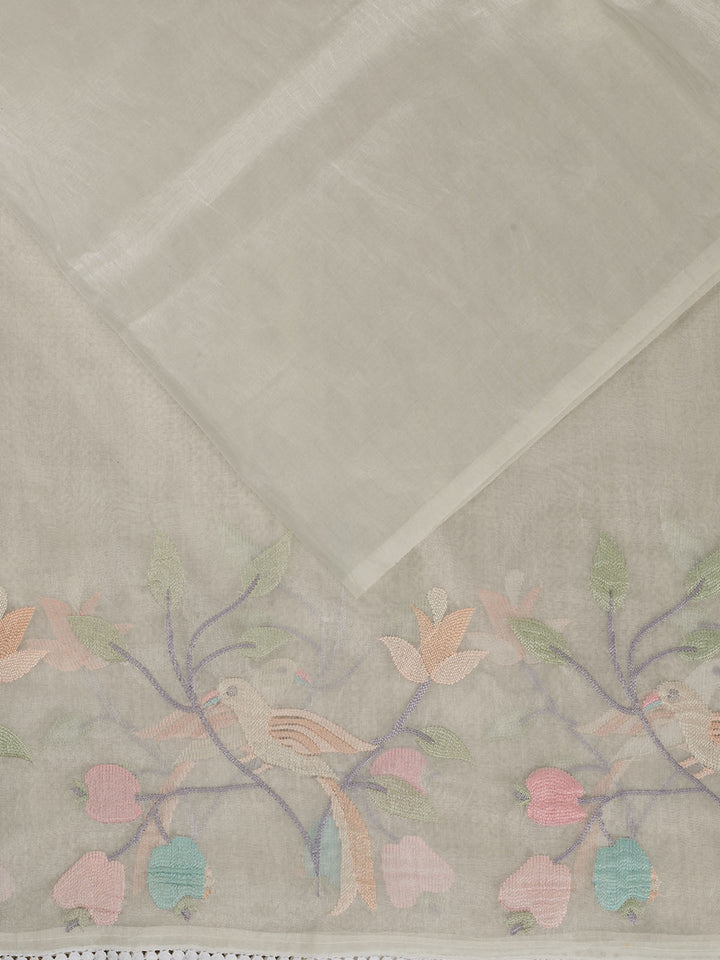 Cream Semi Tissue Plain Banarasi Saree