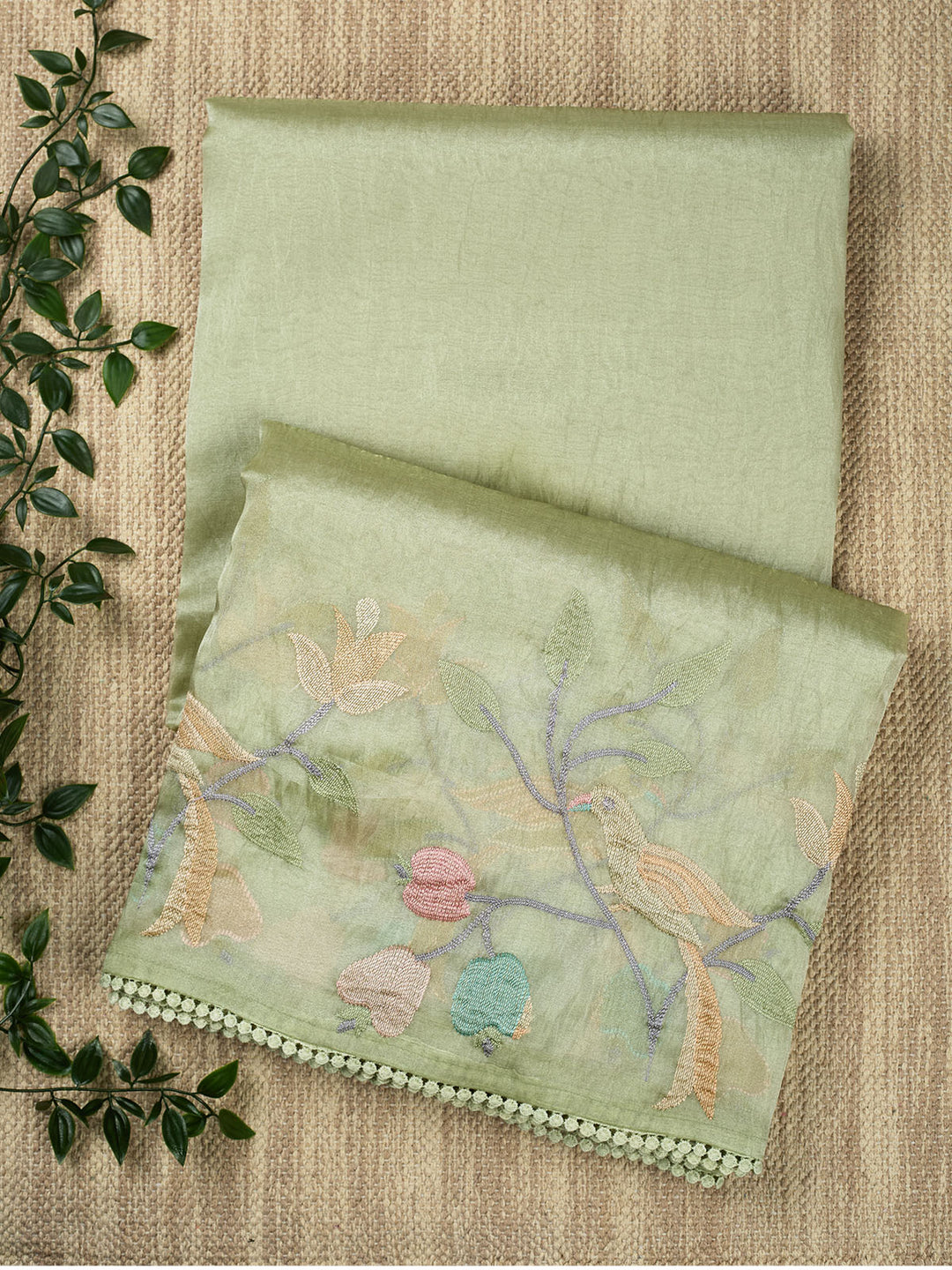 Green Semi Tissue Plain Banarasi Saree_1