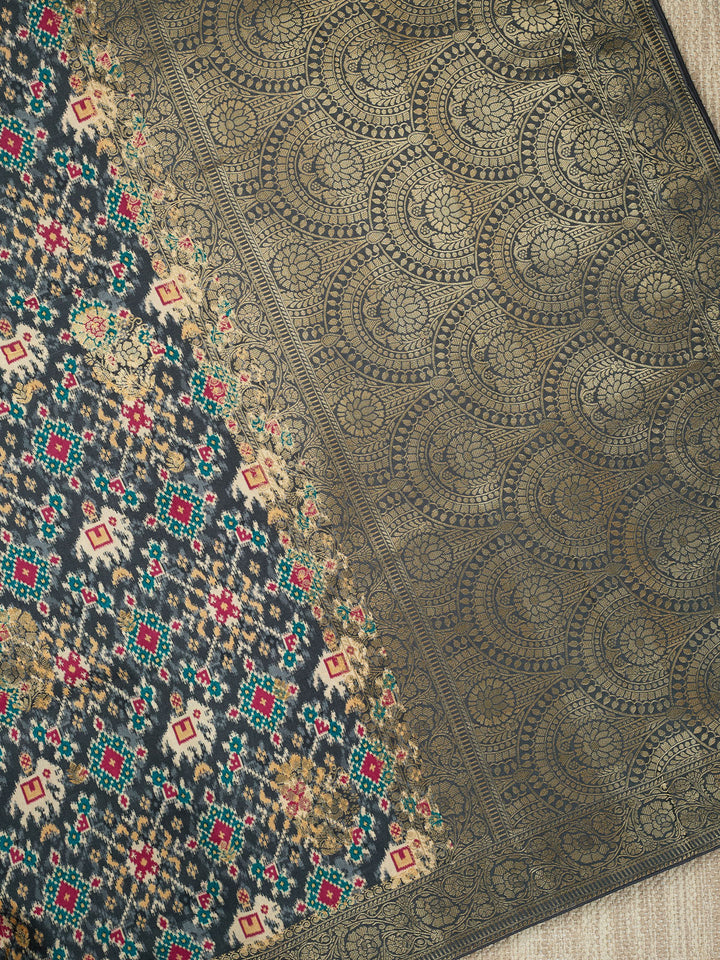 Grey Semi Silk Printed Banarasi Saree