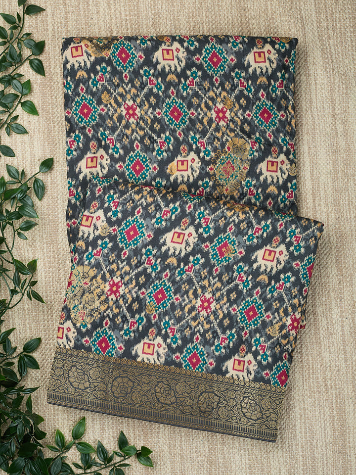 Grey Semi Silk Printed Banarasi Saree