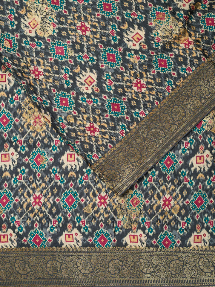 Grey Semi Silk Printed Banarasi Saree