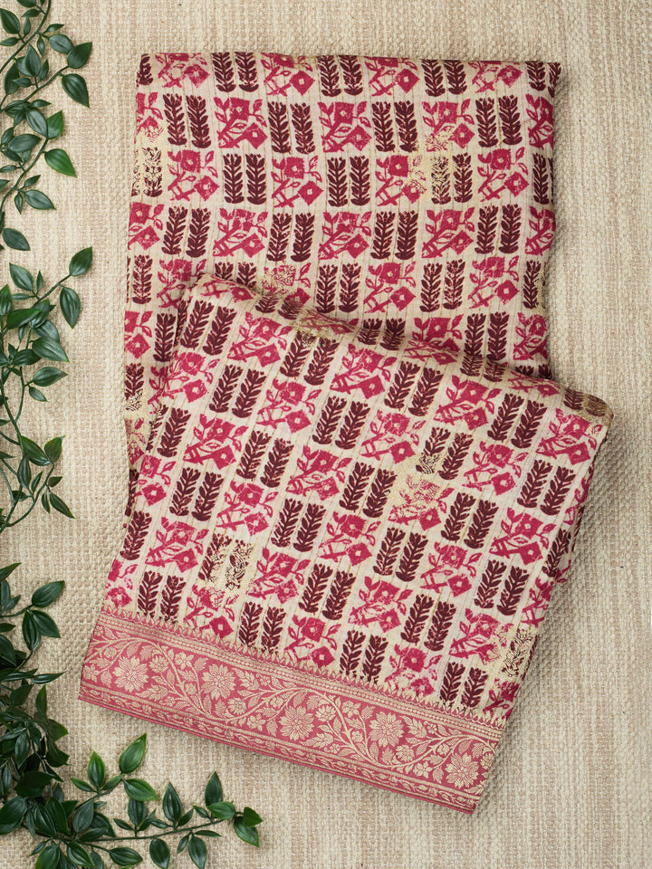 Beige Semi Silk Printed Banarasi Saree