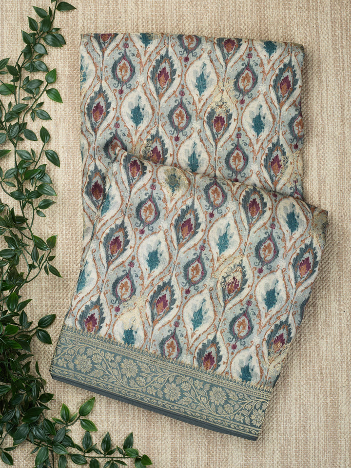 Green Semi Silk Printed Banarasi Saree