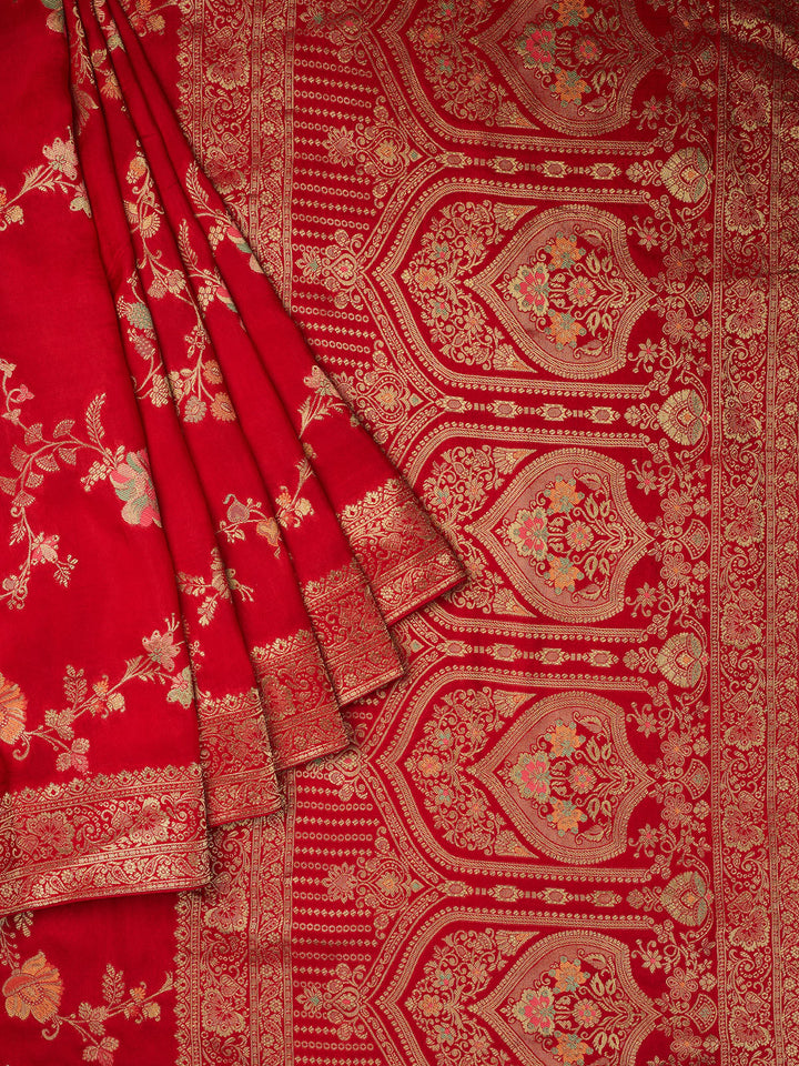 Red Dola Silk Zari Jaal And Meena Work Banarasi Saree