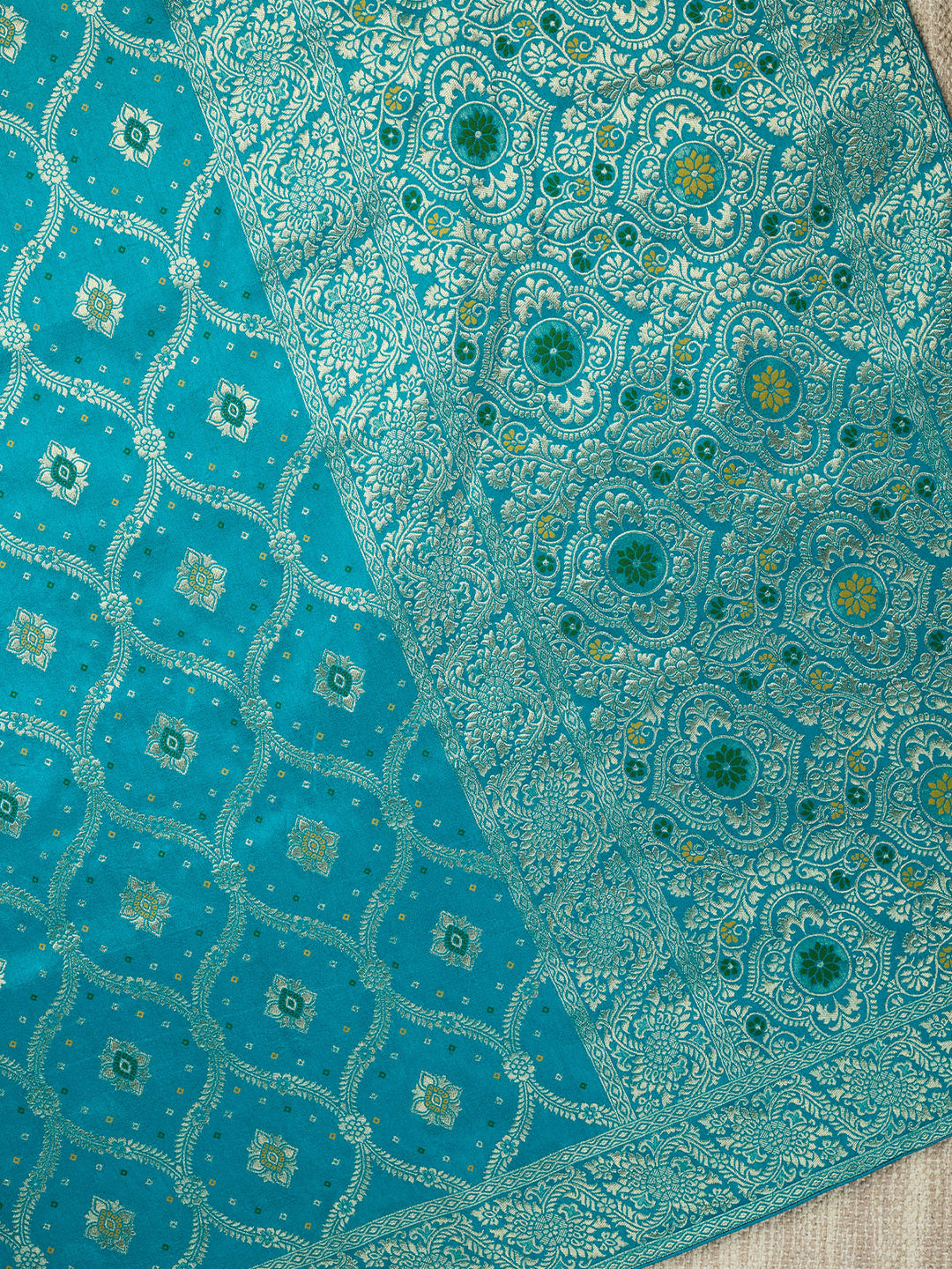 Firozi Dola Silk Zari Jaal And Meena Work Banarasi Saree_3