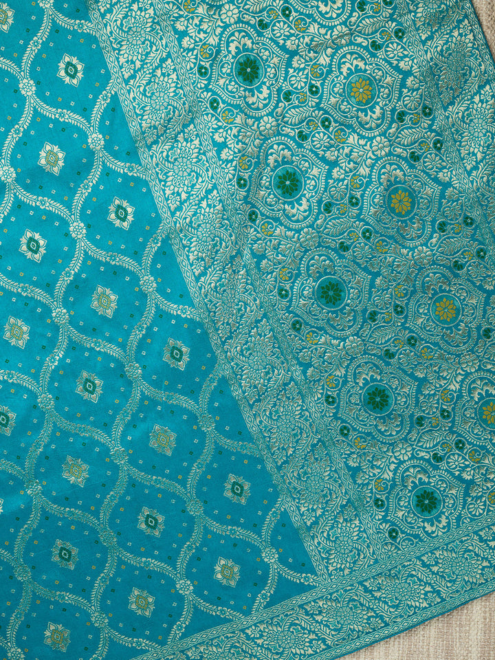 Firozi Dola Silk Zari Jaal And Meena Work Banarasi Saree