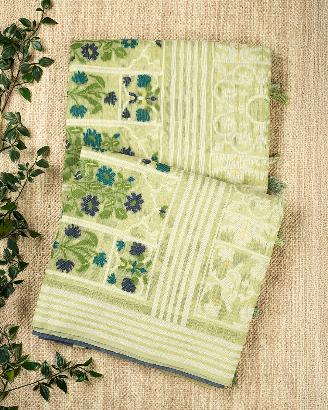 Green Cotton Jamdani Banarasi Saree_1