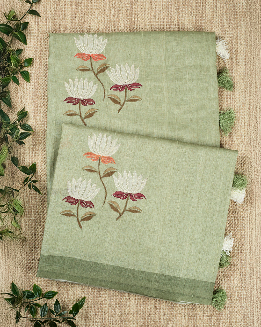 Green Linen Plain Banarasi Saree_1