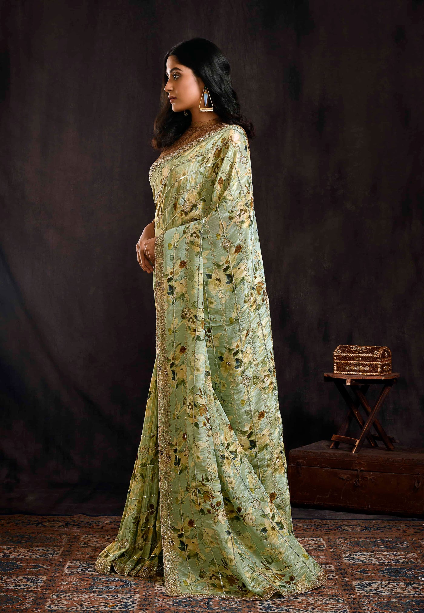 Pistachio Green Floral Embroidered Saree