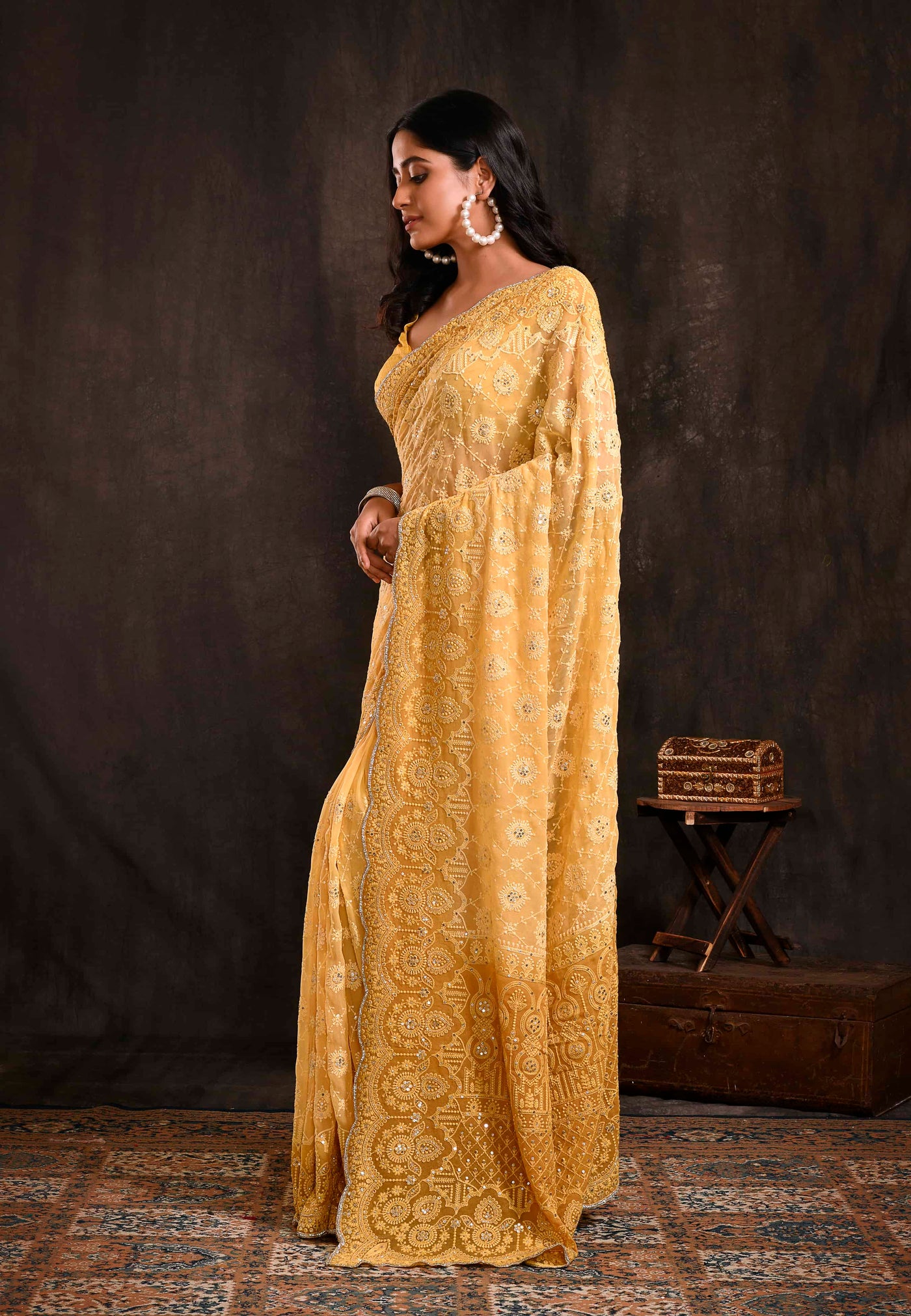 Yellow Pure Georgette Embroidered Saree