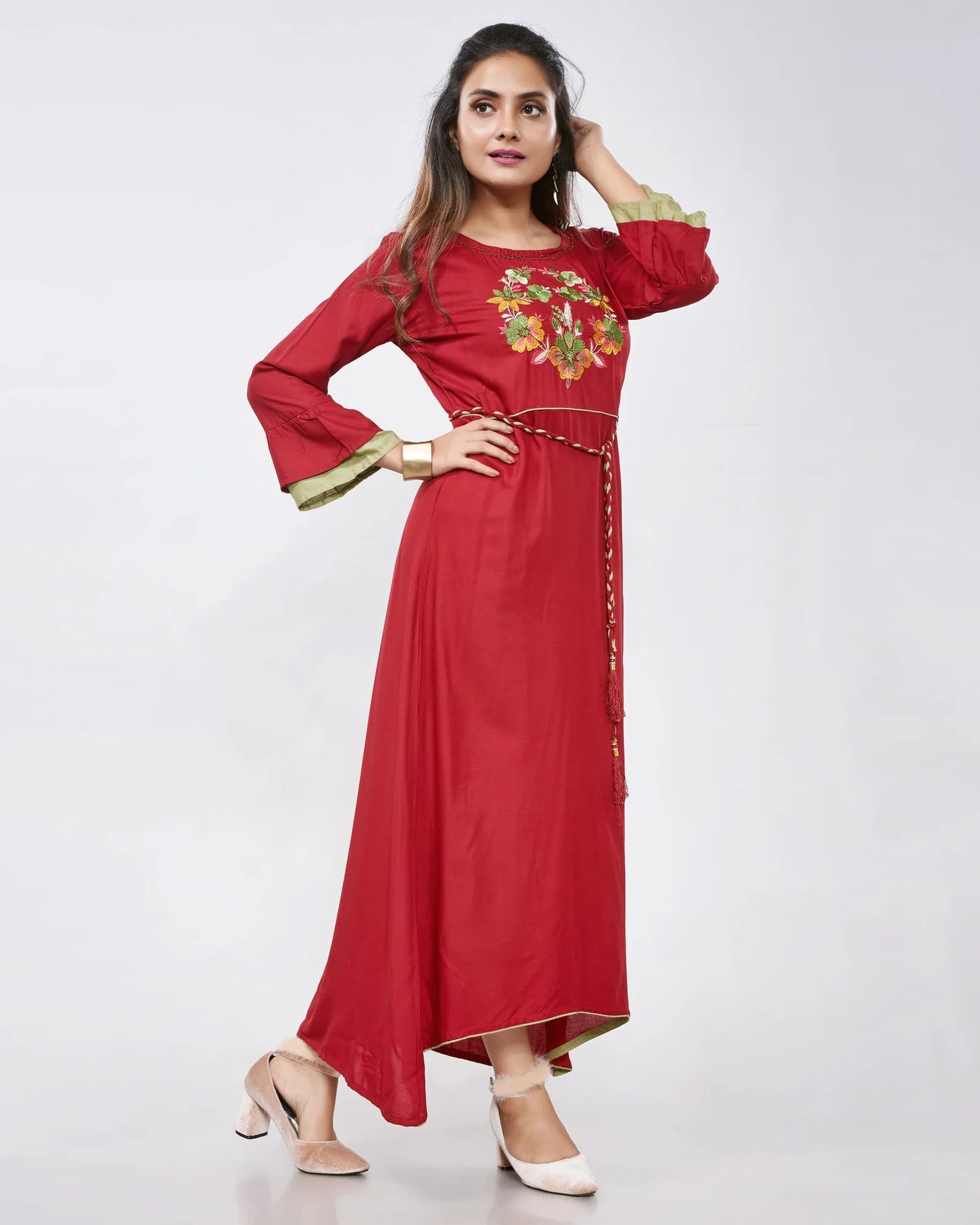 Fidaindia Maroon Rayon Asymetric Long Dress