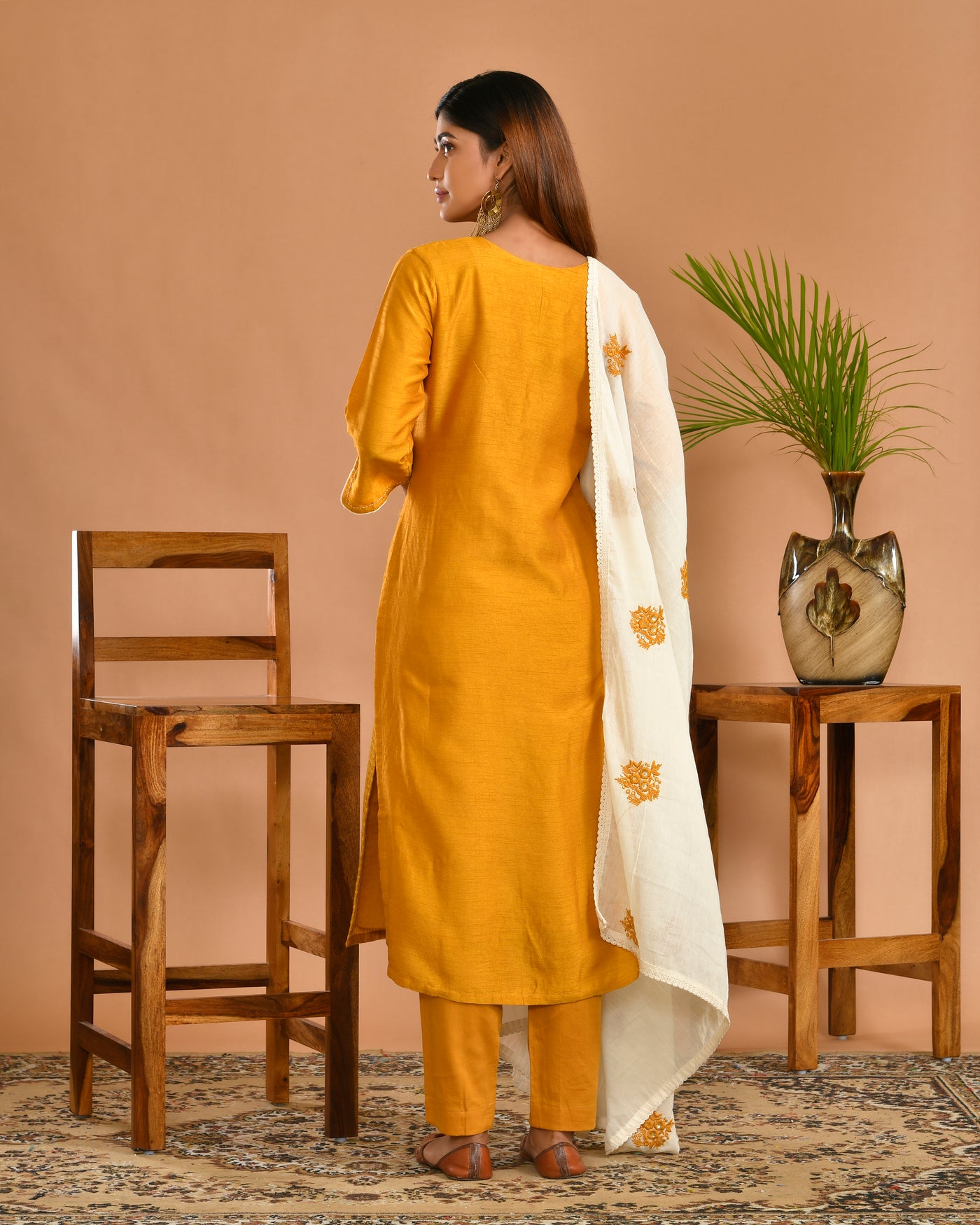 Mustard Tussar Silk Machine Embroidery Ethnic Suit Set