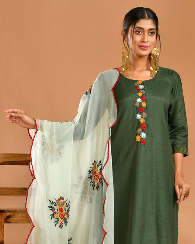 Green Dola Silk Hand Embroidery Ethnic Suit Set