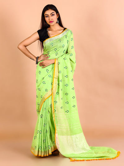 Green Pure Linen Floral Embroidery Saree With Jadi Border