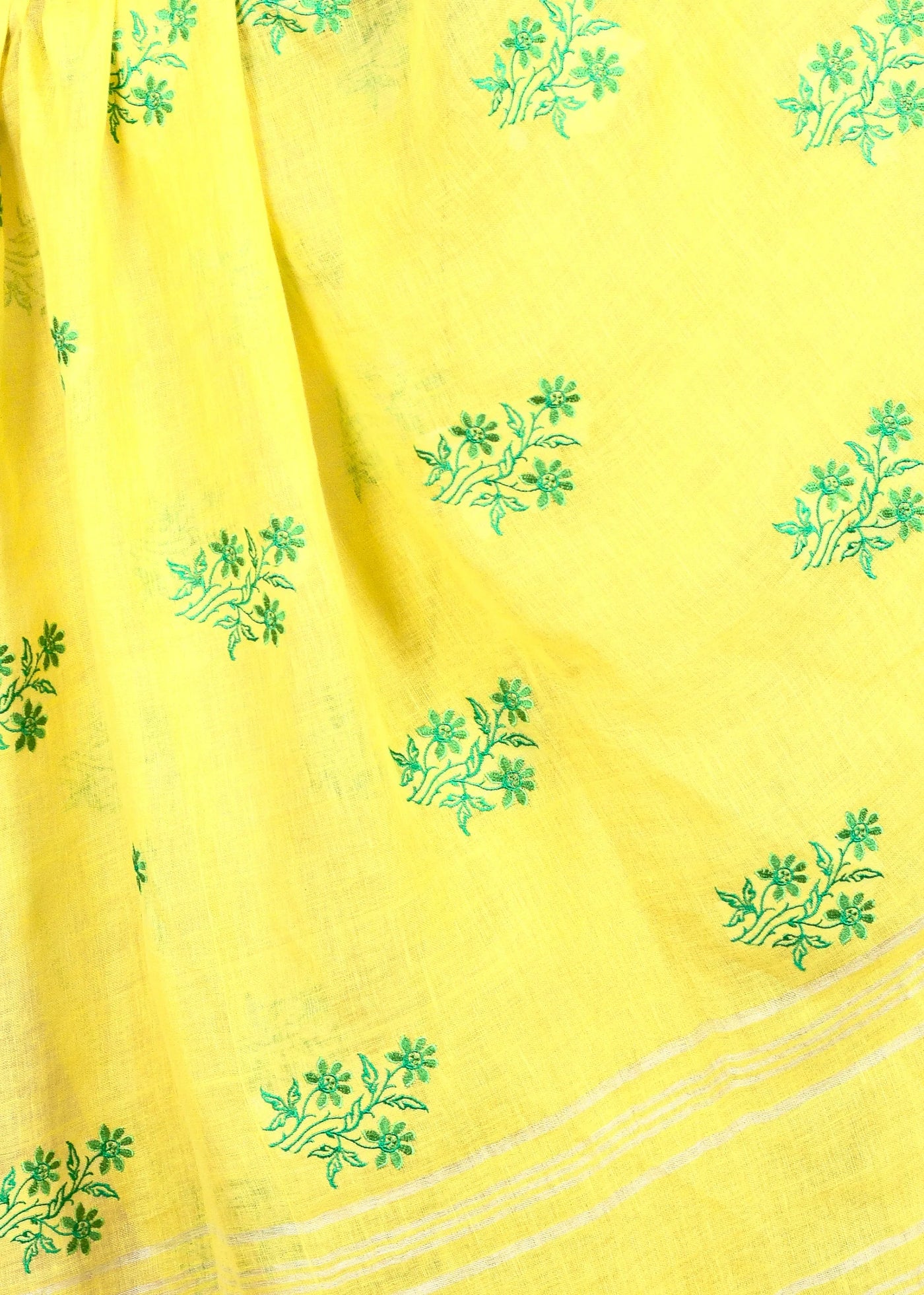 Yellow Pure Linen Floral Embroidery Saree With Jadi Border pompom