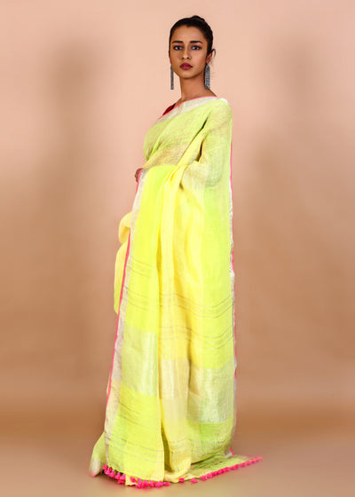 Yellow Pure Linen Triband Saree With Jadi Border
