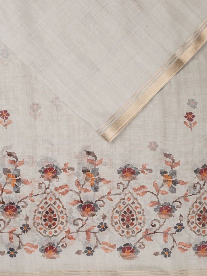 Biege Cotton Plain Banarasi Saree