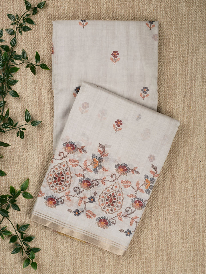 Biege Cotton Plain Banarasi Saree