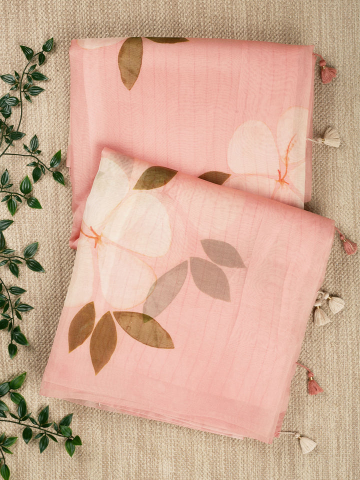 Peach Pure Organza Printed Banarasi Saree